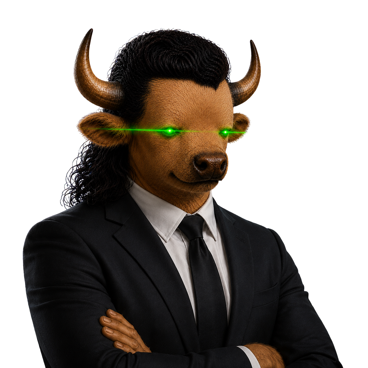 The Bull Market Analyst, a bull-headed figure in a suit with glowing green laser eyes, arms crossed